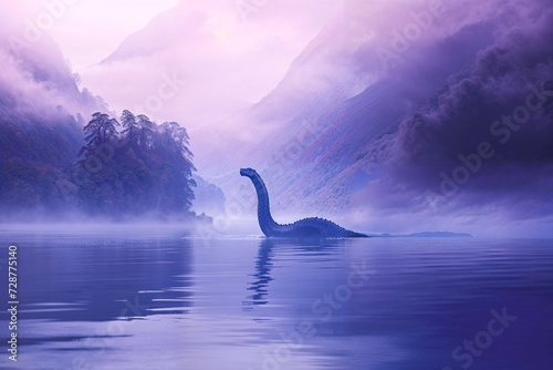 Nessie the Loch Ness Monster in purple foggy mist, Scotland, artist's impression, sea serpent, cryptid photo