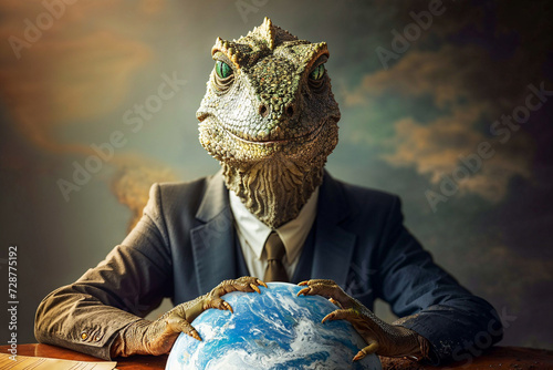 Lizard Person in suit with a model of the Earth, Lizard People conspiracy theory, artist's impression photo