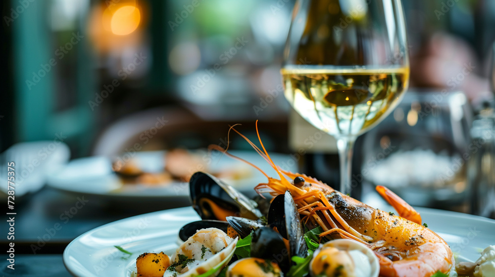 A wine and food pairing scene with a glass of white wine and a plate of seafood, emphasizing culinary harmony