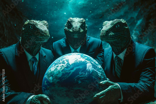 The Lizard People holding the Earth in their claws, conpiracy theory, artist's impression photo