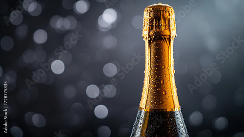A chilled bottle of sparkling wine with droplets of condensation, highlighting the refreshing and celebratory nature of the drink