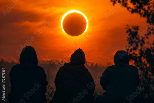 Silhouetted people observe a solar eclipse photo