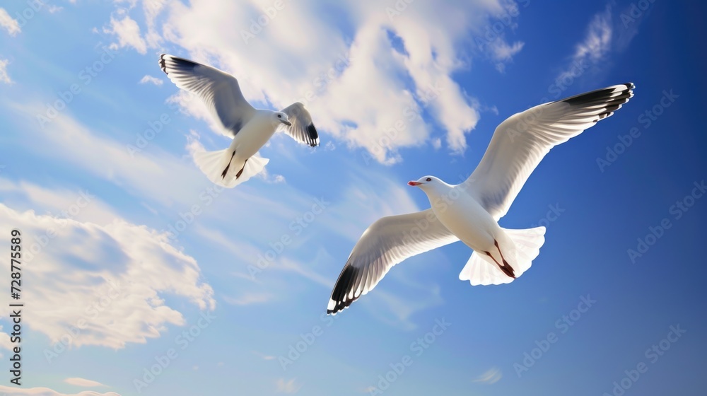 Two seagulls flying in the blue sky. Two seagulls flying in the blue sky.