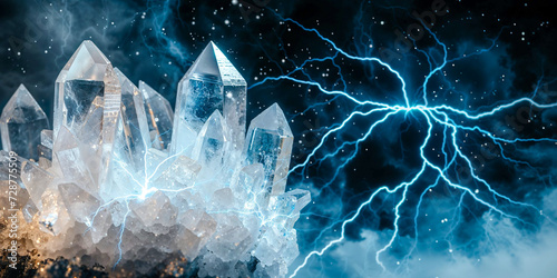 Quartz crystals filled with electricity, Piezoelectricity concept, wide banner with copyspace