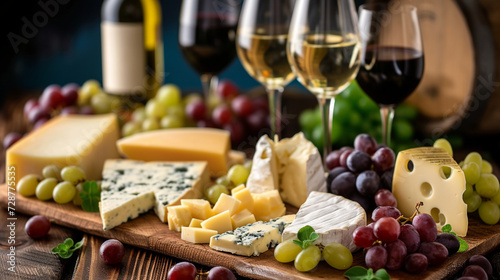A wine and cheese platter arranged with precision, featuring a selection of cheeses paired with different wines