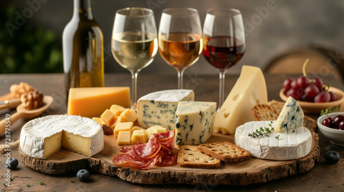 A wine and cheese platter arranged with precision, featuring a selection of cheeses paired with different wines