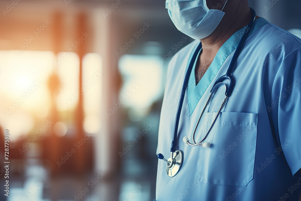 Medicine doctor, free space. Doctor in the hospital lobby. Healthcare, medical staff concept. Doctor banner. Professional general practitioner. Medical care, insurance, prescription, healthcare.