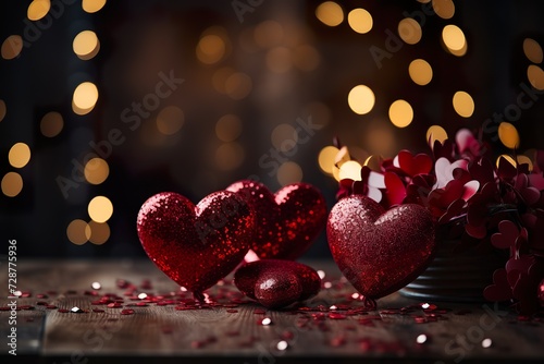 stylist and royal valentines day background with red hearts glitter bokeh on black