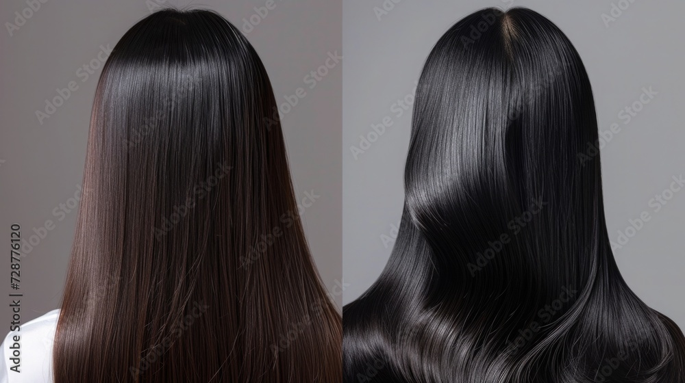Before and after transformation of Asian hair, showing natural texture vs. smooth, shiny styled hair in close-up. Before and after transformation of Asian hair, showing natural texture vs. smooth, shiny styled hair in close-up.