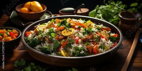 an appetizing display of a colorful rice dish featuring a variety of vegetables, meticulously prepared, beautifully presented, optimized for 16:9 high-definition viewing. Ai Generated