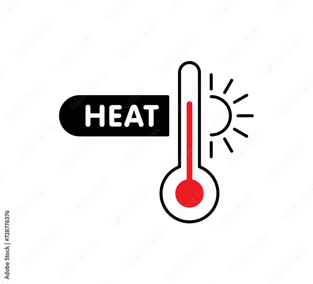 thermometer, sun symbol and heat concept on white background