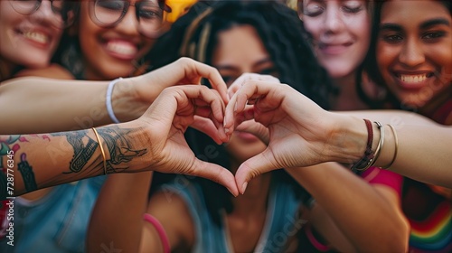 heartwarming moment with a close-up of diverse women with different skin colors making a heart shape with their hands.