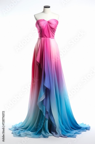 Long gradient colored dress on a mannequin on white background.