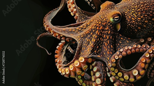 A close up of an octopus on a black background.