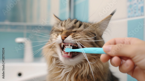 A cat having its teeth brushed. Veterinarian brushing cat's teeth. Pet health care and love for animals Concept. 