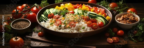 an appetizing display of a colorful rice dish featuring a variety of vegetables, meticulously prepared, beautifully presented, optimized for 16:9 high-definition viewing. Ai Generated