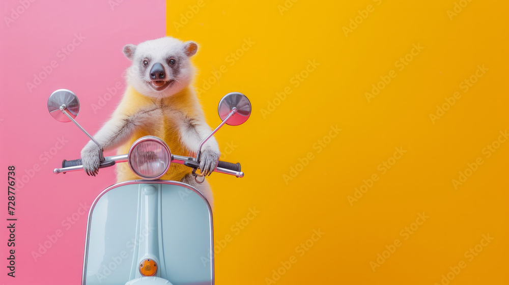 funny cute animals on a scooter. driving animals on a bright colored yellow background. Funny screensavers. leisure. drive. extreme. Funny animals. - obrazy, fototapety, plakaty 