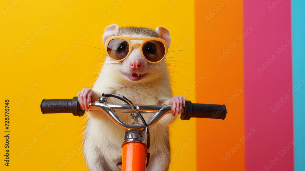 funny cute animals on a scooter. driving animals on a bright colored yellow background. Funny screensavers. leisure. drive. extreme. Funny animals. - obrazy, fototapety, plakaty 