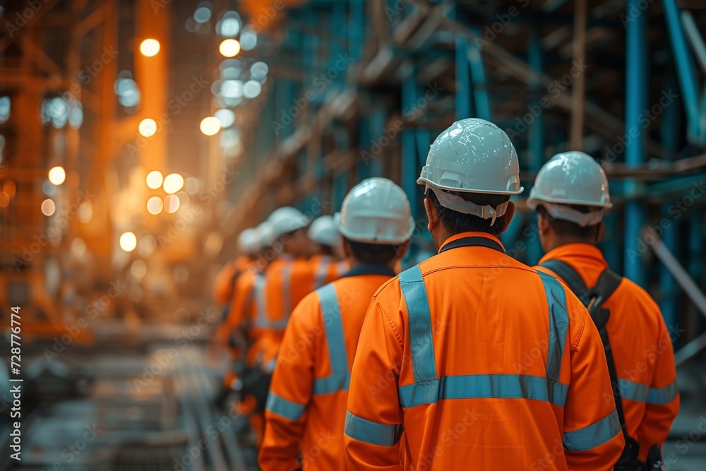 Rear view of workers in hardhats and helmets standing in warehouse.AI. Rear view of workers in hardhats and helmets standing in warehouse.AI.