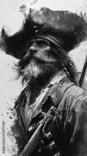 A black and white photo of a man in a pirate hat.