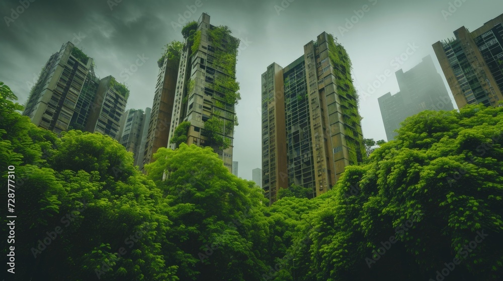 An abandoned metropolis, overgrown with grass and trees. A city swallowed up by nature. An abandoned metropolis, overgrown with grass and trees. A city swallowed up by nature.