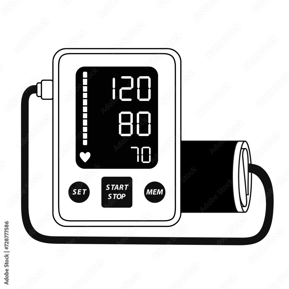 Automatic blood pressure monitor with cuff. Line icon isolated on white. Blood pressure monitor. Vector illustration Automatic blood pressure monitor with cuff. Line icon isolated on white. Blood pressure monitor. Vector illustration