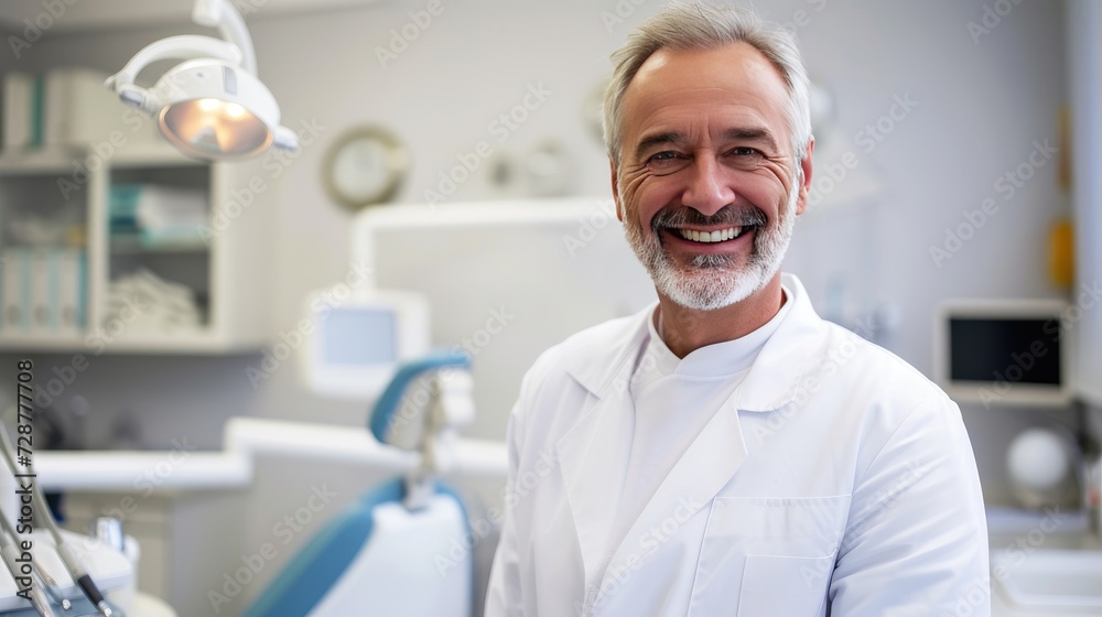 Obraz premium essence of professionalism in dentistry with a smiling middle-aged man dentist against a medical office background.