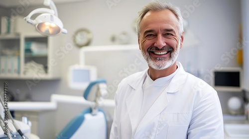 essence of professionalism in dentistry with a smiling middle-aged man dentist against a medical office background.