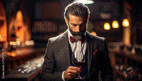 Sommelier in a Suit Holding a Glass of Wine