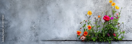 Flowers grow through a concrete wall. Nature protection concept. #728778163
