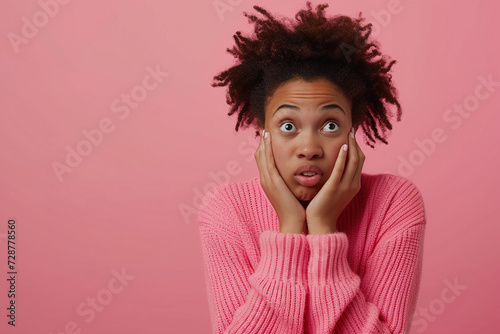 Nervous African American teenage girl and biting nails in studio with oops reaction to gossip on pink background. Mistake  sorry  drama or secret with regret  shame or awkward