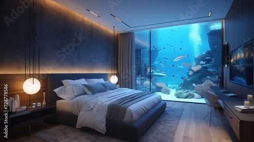 A modern bedroom with a large aquarium headboard.