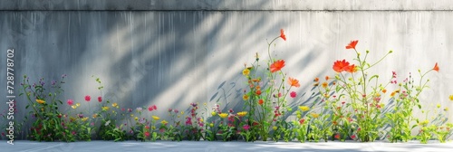 Flowers grow through a concrete wall. Nature protection concept.