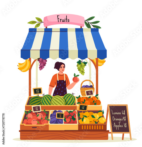 Farmer market concept. Woman sell natural and organic products. Fruits and vegetables. Support your local shop. Poster or banner. Cartoon flat vector illustration isolated on white background