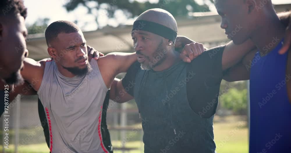 Black people, teamwork or huddle for motivation on basketball court planning a strategy or mission. Training game, leadership or athletes in group for talking, fitness or support in a sports match