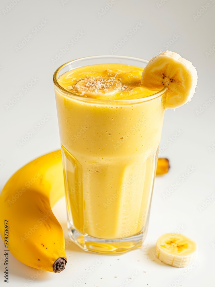 Glass of banana smoothie and fresh banana fruit.