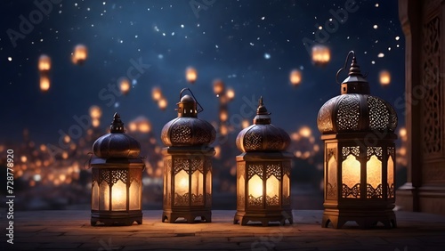 Ai Generated Arabic Lantern with Quran, Night Sky with blurred Light