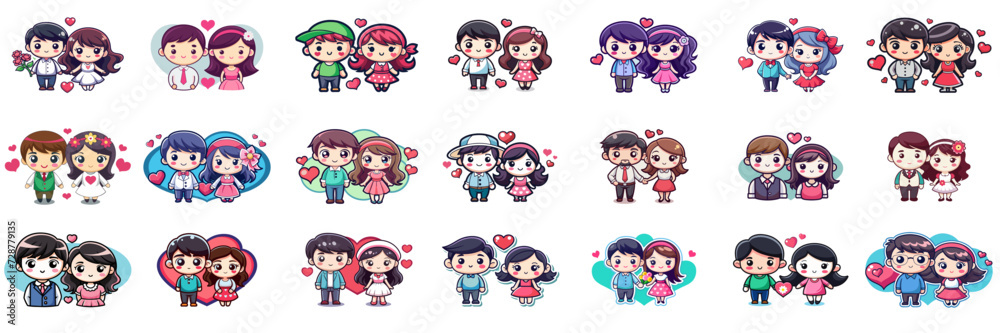 Set of kawaii couple in sticker style.