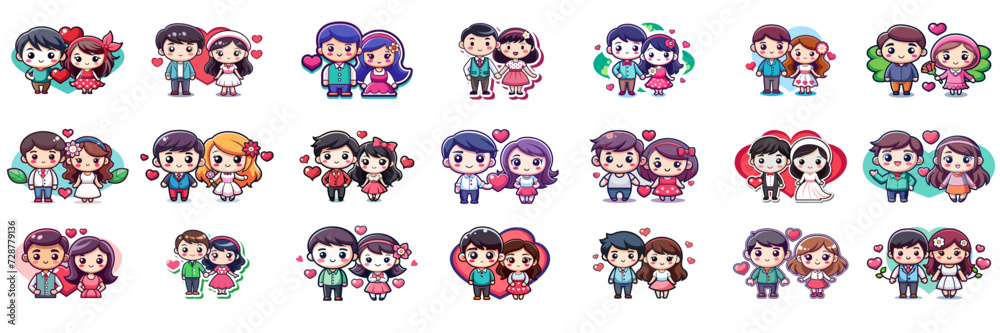 Set of kawaii couple in sticker style.