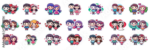 Set of kawaii couple in sticker style.