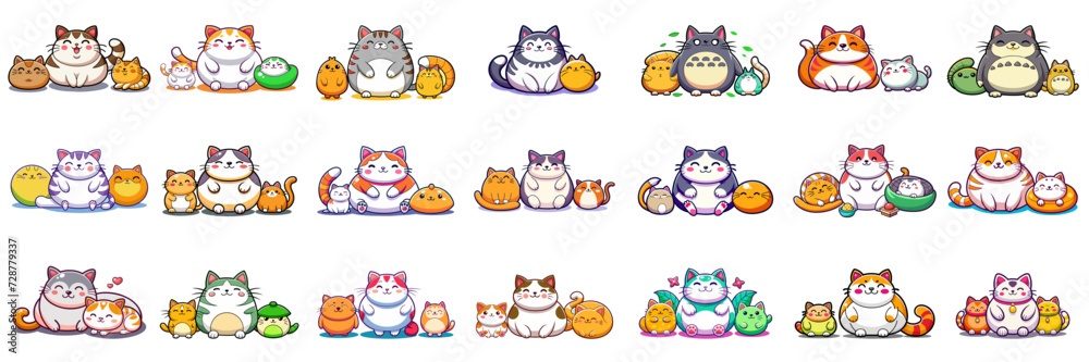 Set of kawaii fat cat in sticker style. Set of kawaii fat cat in sticker style.