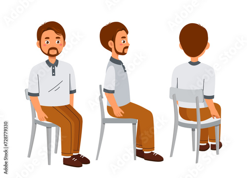 Father constructor set. Pack of young guys in casual clothes at chair. Men with beard in casual clothes.Template and layout. Cartoon flat vector collection isolated on white background