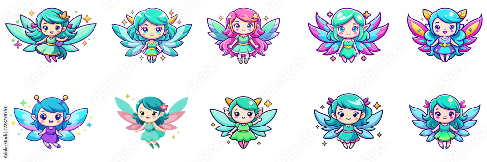 Set of kawaii fairy in sticker style.
