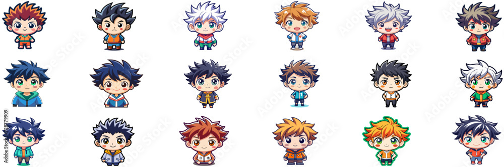 Set of kawaii anime boy in sticker style. Set of kawaii anime boy in sticker style.