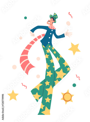 Festival carnival circus artist. Talented man with long legs. Entertainment occupation, amusement park worker. Template and layout. Cartoon flat vector illustration isolated on white background