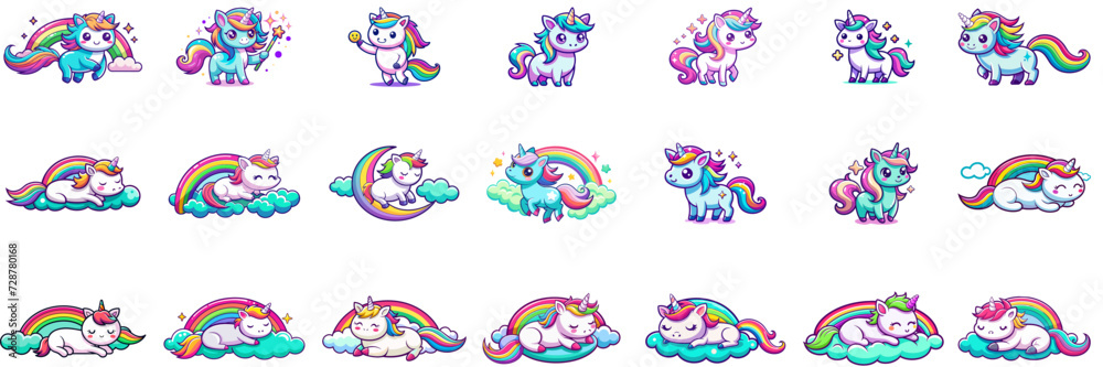 Set of kawaii unicorn in sticker style. Set of kawaii unicorn in sticker style.
