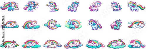 Set of kawaii unicorn in sticker style.