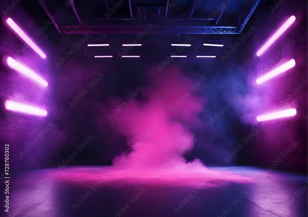 Dark stage shows, empty dark blue, purple, pink background, neon light, spotlights 