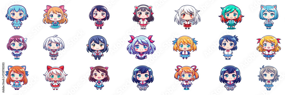Set of kawaii anime girls in sticker style. Set of kawaii anime girls in sticker style.