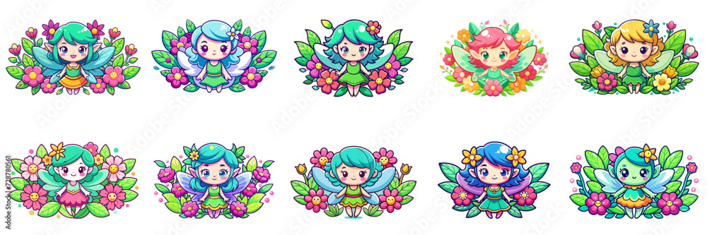 Set of kawaii fairy among flowers in sticker style.